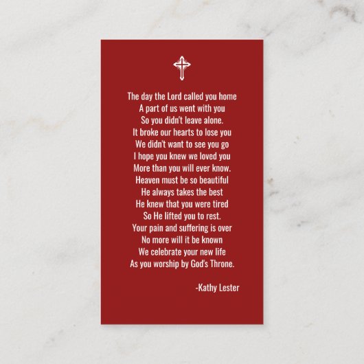 米国国旗の葬儀メモリアル祈りの言葉フォトカード 名刺 (裏面)