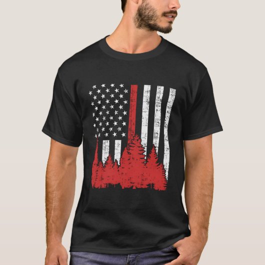 米国国旗の薄い赤線の森の火ワイルドランドホタル Tシャツ (正面)