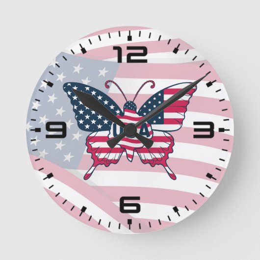 米国国旗の蝶デザイン-62616時計 ラウンド壁時計 (正面)