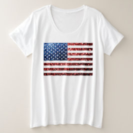 米国国旗の赤い青いきらめきグリッター プラスサイズTシャツ