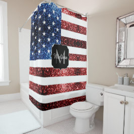 米国国旗の赤い青いきらめきグリッターUSAモノグラム シャワーカーテン
