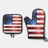 米国国旗の赤い青い光フェイク輝き愛国きらきら光る 鍋つかみ&鍋敷きセット (正面)