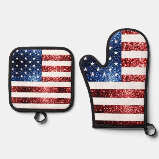 米国国旗の赤い青い光フェイク輝き愛国きらきら光る 鍋つかみ&鍋敷きセット (正面)