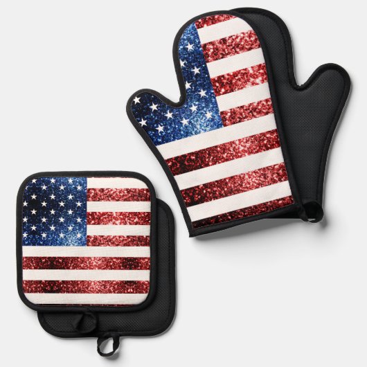 米国国旗の赤い青い光フェイク輝き愛国きらきら光る 鍋つかみ&鍋敷きセット (正面/裏面)
