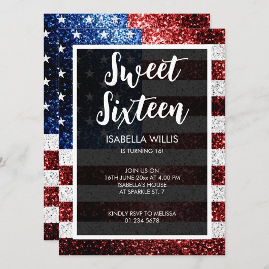 米国国旗の赤い青の白のキラキラ甘い16 エレガント 招待状 (正面/裏面)