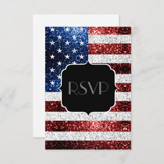 米国国旗の赤い青の輝きグリッターSweet 16 RSVP (正面/裏面)