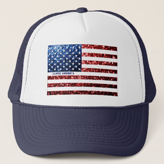 米国国旗の赤い青色のきらめきアメリカのパーソナライズ キャップ (正面)