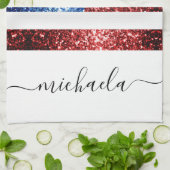 米国国旗の赤い青色のスパークフェイクルグリッターモノグラム キッチンタオル (折り畳み)