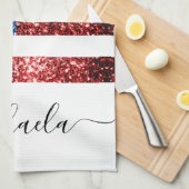 米国国旗の赤い青色のスパークフェイクルグリッターモノグラム キッチンタオル (四つ折り)