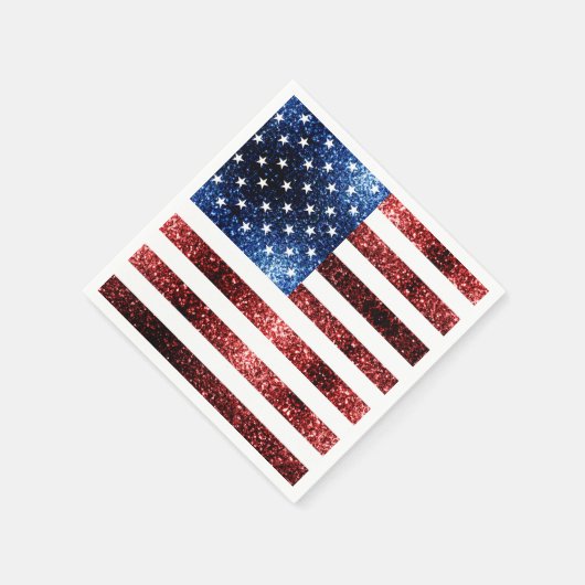 米国国旗の赤と青のキラキラのグリッター スタンダードカクテルナプキン (角)
