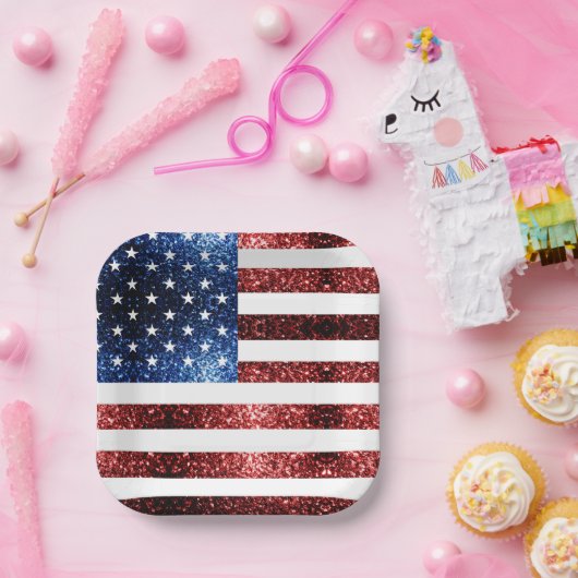 米国国旗の赤と青のキラキラのグリッター ペーパープレート (パーティー)
