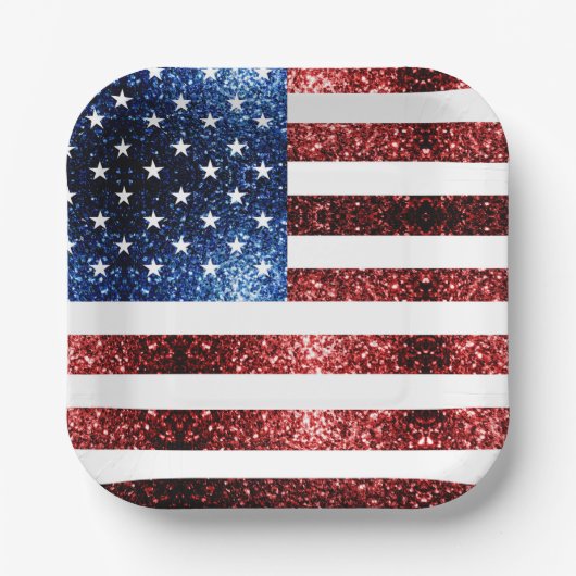 米国国旗の赤と青のキラキラのグリッター ペーパープレート (正面)