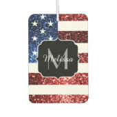 米国国旗の赤と青のスパークルグリッターモノグラム カーエアーフレッシュナー (正面)
