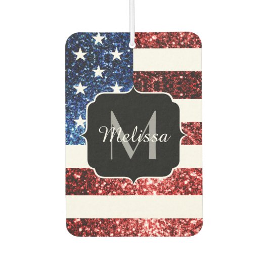 米国国旗の赤と青のスパークルグリッターモノグラム カーエアーフレッシュナー (正面)
