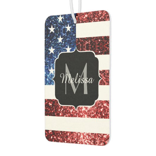 米国国旗の赤と青のスパークルグリッターモノグラム カーエアーフレッシュナー (左)