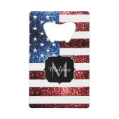 米国国旗の赤と青のスパークルグリッターモノグラム クレジットカード栓抜き (正面)