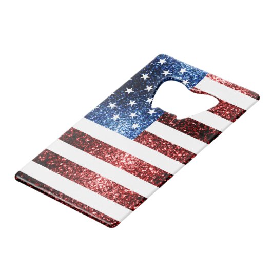 米国国旗の赤と青のスパークルグリッターモノグラム クレジットカード栓抜き (裏面アングル)