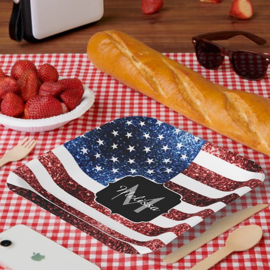 米国国旗の赤と青のスパークルグリッターモノグラム ペーパープレート (ピクニック)