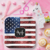 米国国旗の赤と青のスパークルグリッターモノグラム ペーパープレート (パーティー)