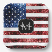 米国国旗の赤と青のスパークルグリッターモノグラム ペーパープレート (正面)
