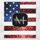 米国国旗の赤と青のスパークルグリッターモノグラム ワインラベル (シングルラベル)