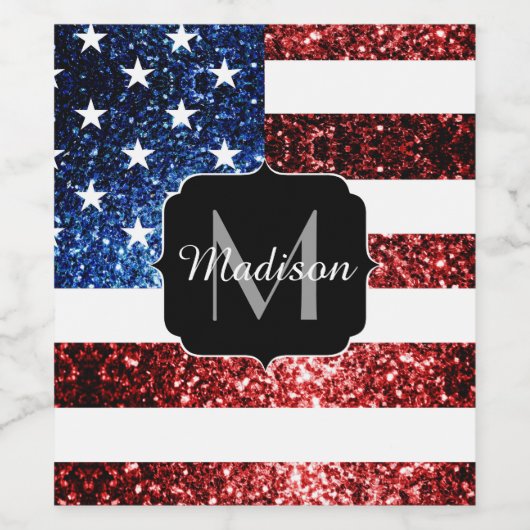 米国国旗の赤と青のスパークルグリッターモノグラム ワインラベル (シングルラベル)