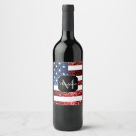 米国国旗の赤と青のスパークルグリッターモノグラム ワインラベル