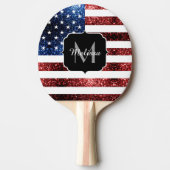 米国国旗の赤と青のスパークルグリッターモノグラム 卓球ラケット (正面)