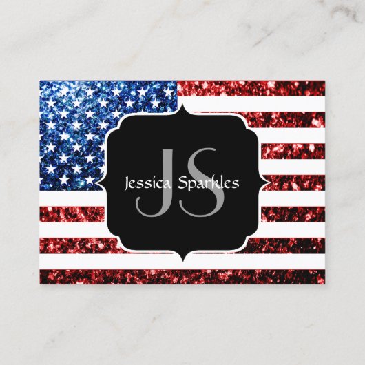 米国国旗の赤と青のスパークルグリッターモノグラム 名刺 (裏面)