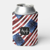 米国国旗の赤と青のスパークルグリッターモノグラム 缶クーラー (缶正面)