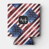 米国国旗の赤と青のスパークルグリッターモノグラム 缶クーラー (正面)