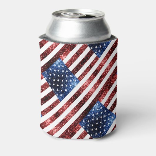 米国国旗の赤と青のスパークルグリッターモノグラム 缶クーラー (缶裏面)