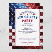 米国国旗の赤白青がグリッターを7月4日 招待状 (正面/裏面)