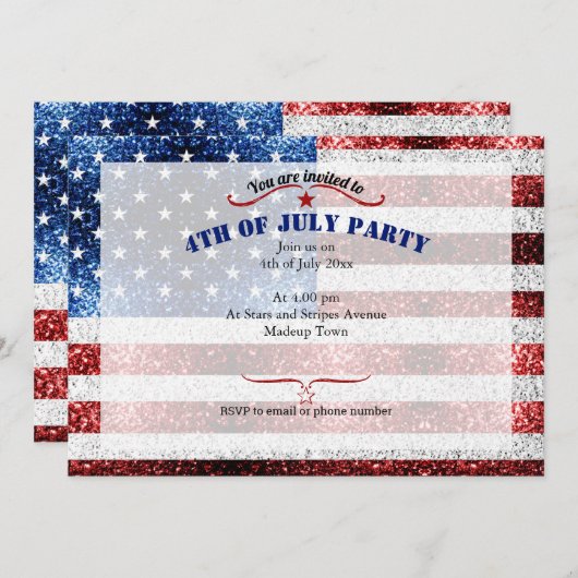 米国国旗の赤白青がグリッターを7月4日 招待状 (正面/裏面)