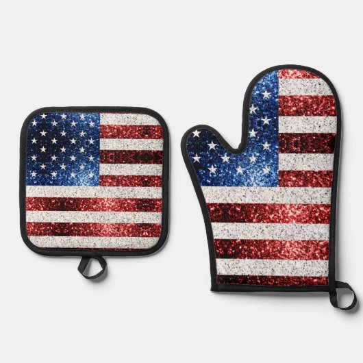 米国国旗の赤白青がフェイク愛国心を輝かす 鍋つかみ&鍋敷きセット (正面)