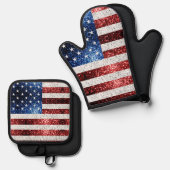 米国国旗の赤白青がフェイク愛国心を輝かす 鍋つかみ&鍋敷きセット (正面/裏面)