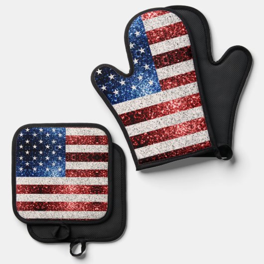 米国国旗の赤白青がフェイク愛国心を輝かす 鍋つかみ&鍋敷きセット (正面/裏面)