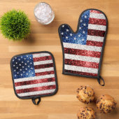 米国国旗の赤白青がフェイク愛国心を輝かす 鍋つかみ&鍋敷きセット (トップダウン)