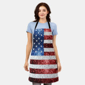 米国国旗の赤白青のきらめきグリッター エプロン (着用した状態)