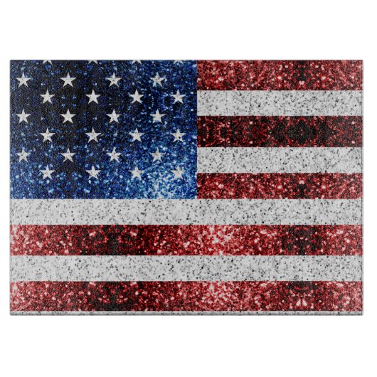 米国国旗の赤白青のきらめきグリッター カッティングボード (正面)