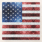 米国国旗の赤白青のきらめきグリッター ガラスコースター (正面)