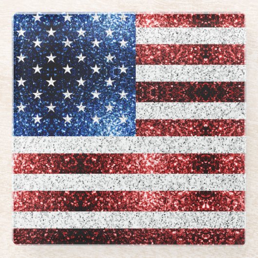 米国国旗の赤白青のきらめきグリッター ガラスコースター (正面)