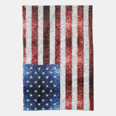 米国国旗の赤白青のきらめきグリッター キッチンタオル (縦)