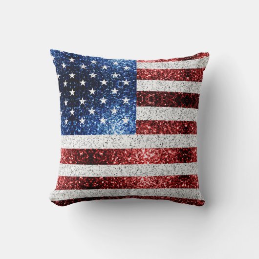 米国国旗の赤白青のきらめきグリッター クッション (正面)