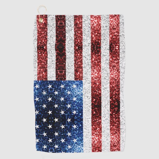 米国国旗の赤白青のきらめきグリッター ゴルフタオル (正面)