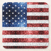 米国国旗の赤白青のきらめきグリッター スクエアペーパーコースター (正面)