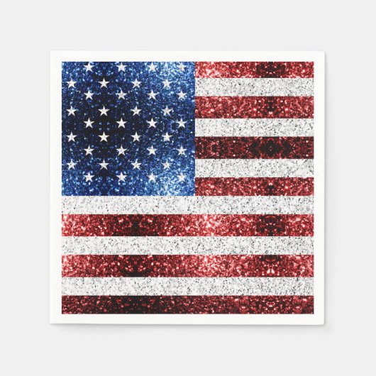 米国国旗の赤白青のきらめきグリッター スタンダードカクテルナプキン (正面)