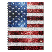 米国国旗の赤白青のきらめきグリッター ノートブック (正面)
