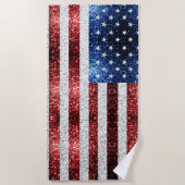 米国国旗の赤白青のきらめきグリッター ビーチタオル (正面)