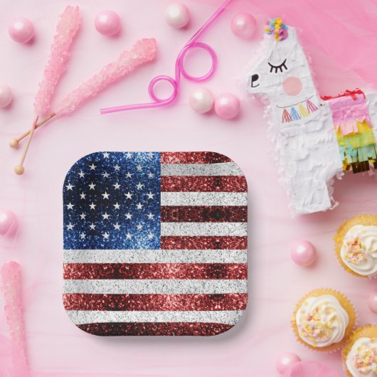米国国旗の赤白青のきらめきグリッター ペーパープレート (パーティー)